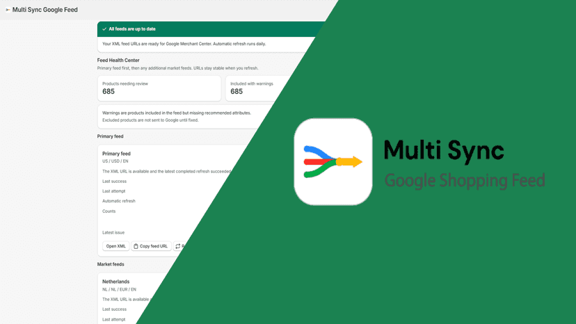 Sync Shopify products to Google Merchant Center with live feeds.