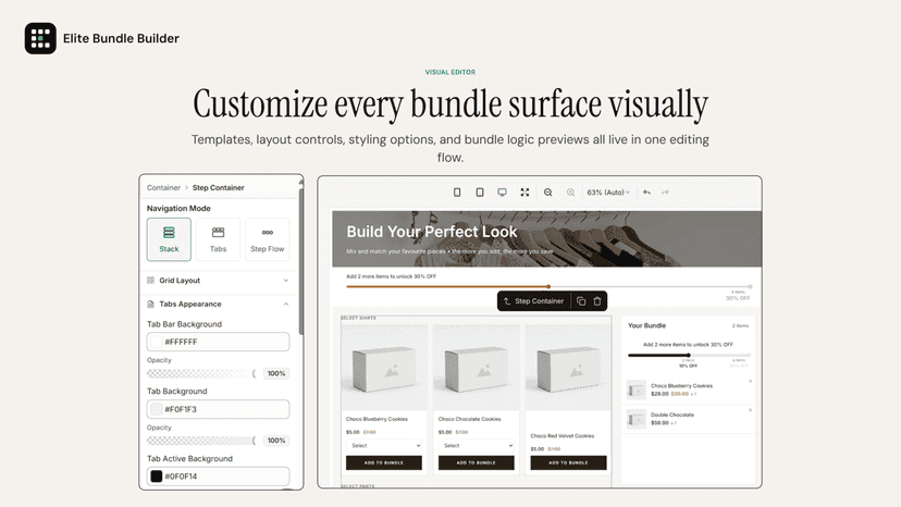 Elite Bundle Builder visual editor with live bundle preview