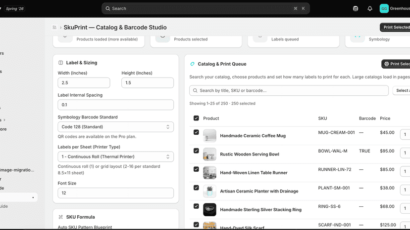 Product catalog with search, selection, and quantities