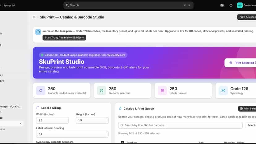 Free and Pro plan comparison in SkuPrint