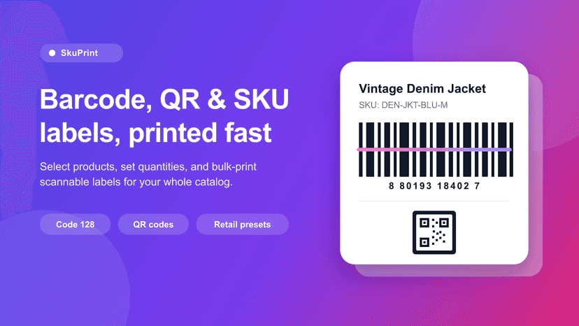 SkuPrint prints barcode, QR, and SKU labels for products