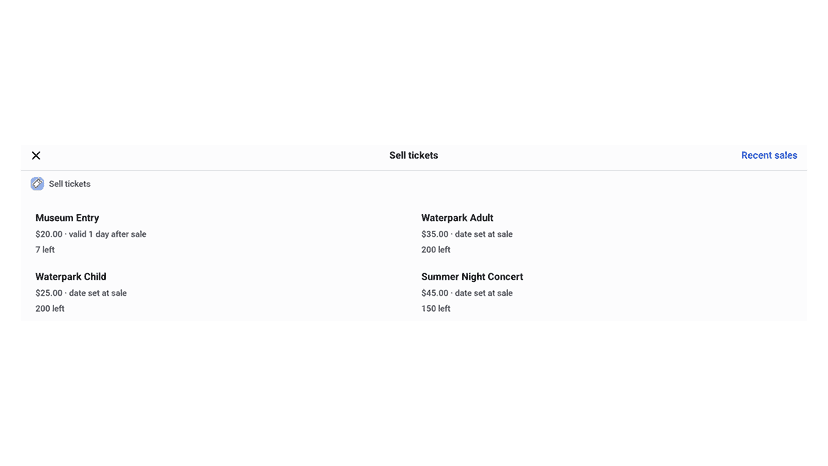 Ticket list on the Sell tickets tile in Shopify POS