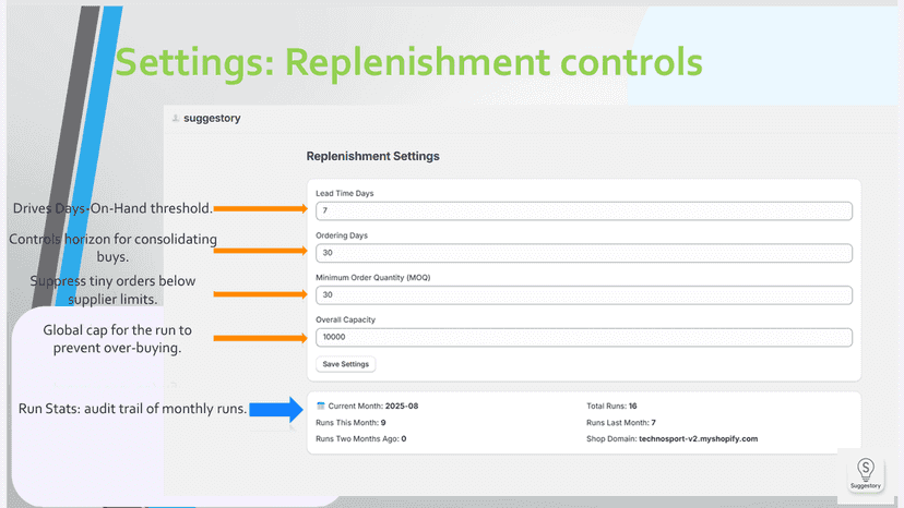 Settings page of the App