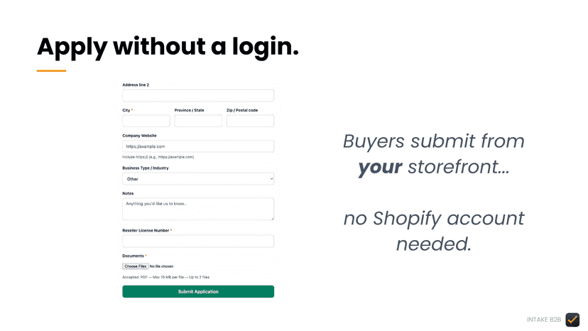 Wholesale buyer application form with document uploads