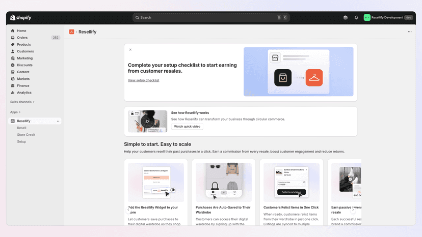 Main dashboard with setup links and information about Resellify