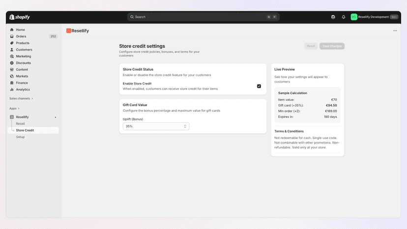 Dashboard with Store Credit options setup