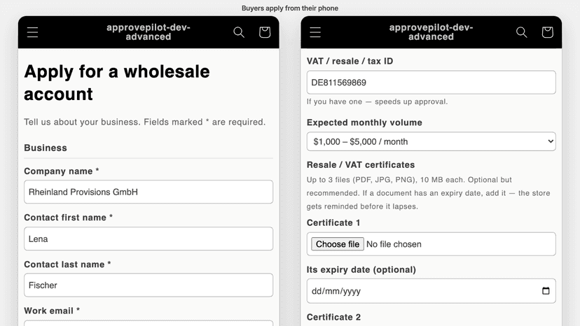 The wholesale application form as buyers see it on a phone