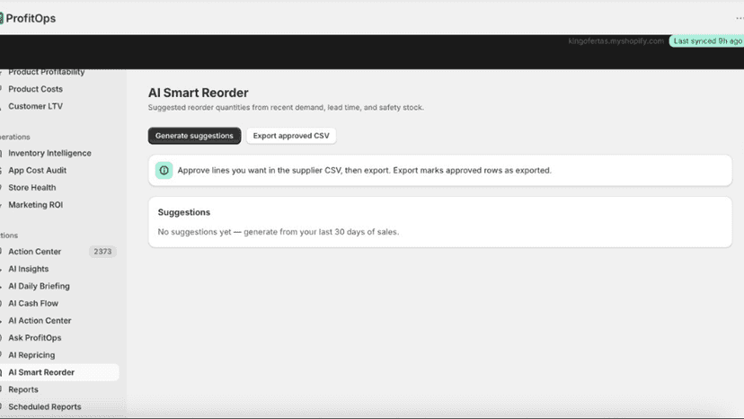 AI Smart Reorder with suggested quantities, approval flow, and C
