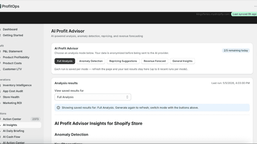 Dashboard metrics and table highlighting products with negativ