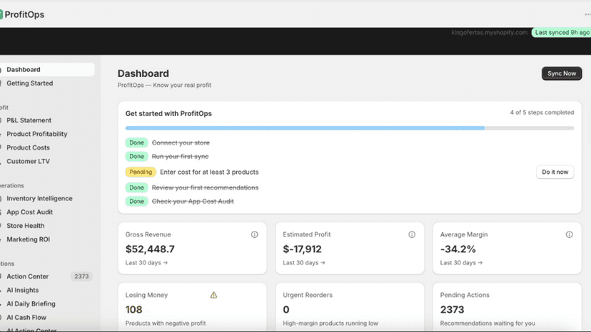 Setup checklist and KPI cards for gross revenue, estimated profi