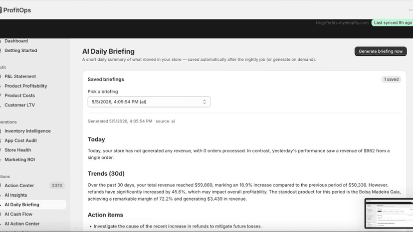 AI Daily Briefing showing trends, store highlights, and recomm.