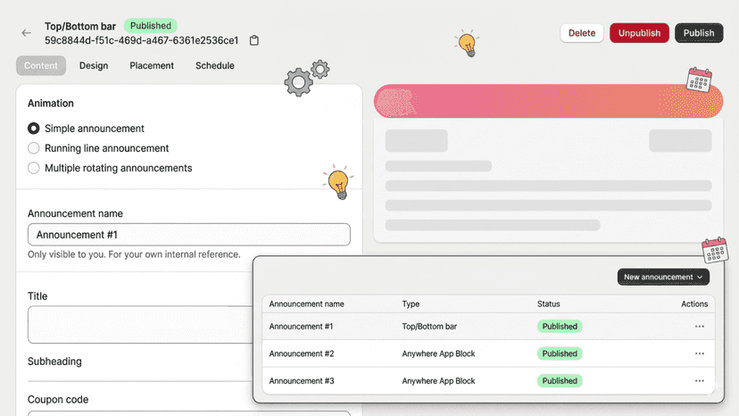 Snap Announcer admin interface for managing store banners
