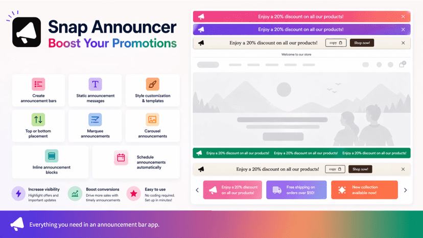 Desktop storefront showing a Snap Announcer announcement