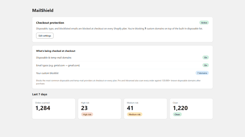 App dashboard: checkout protection active and risk stats