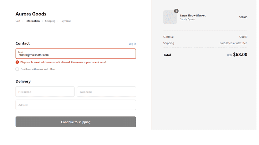 Checkout blocking a disposable email with an error message
