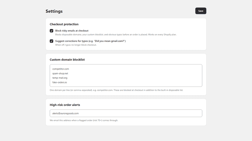 Settings with custom blocklist and protection toggles