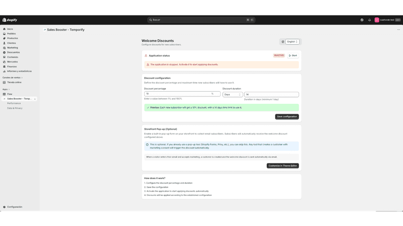 Application main view - Status stopped