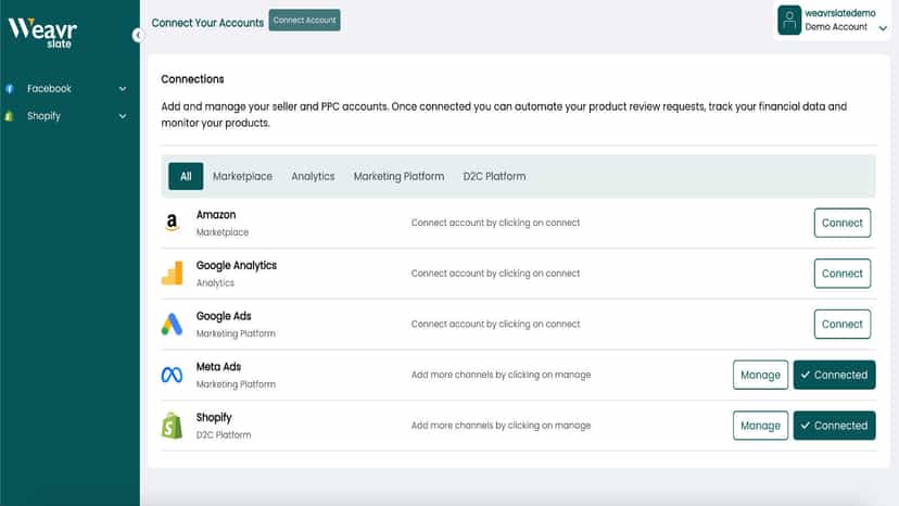 Connect account page displays all connected platforms.