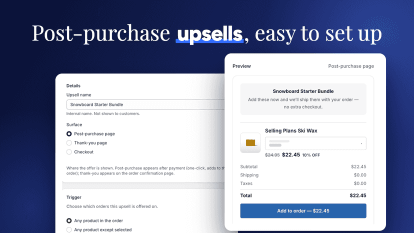 Post-purchase upsell editor with shopper offer preview