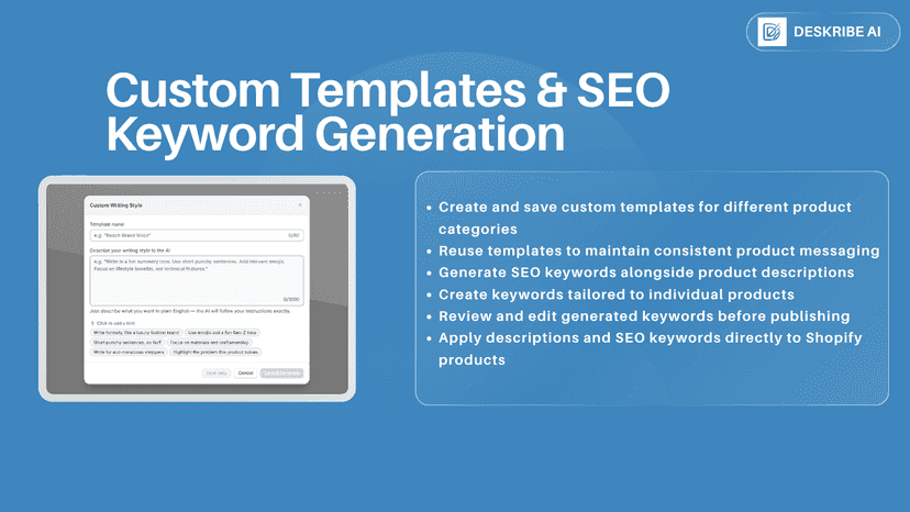 Custom template and SEO keyword generation
