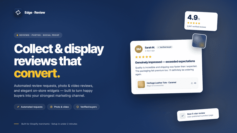Edge Reviews onboarding screen with a quick setup guide.