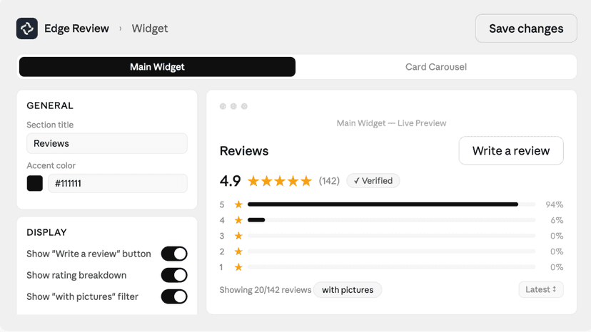 Widget editor for customizing review layout and colors.