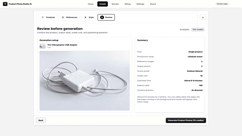 Review generation settings before creating photos