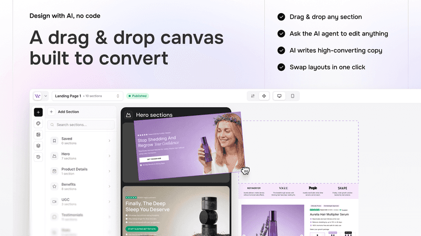Drag-and-drop page builder canvas editing with AI