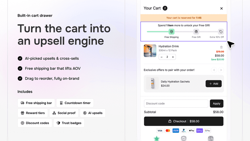 Built-in Shopify cart drawer with AI upsells