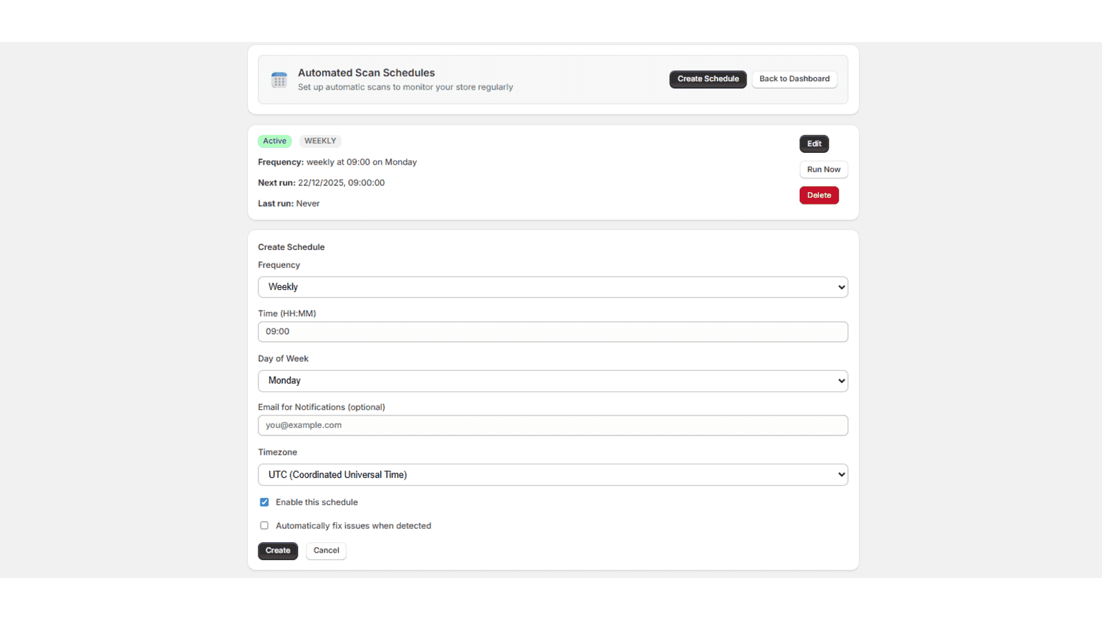 Automated scan scheduling interface with weekly frequency