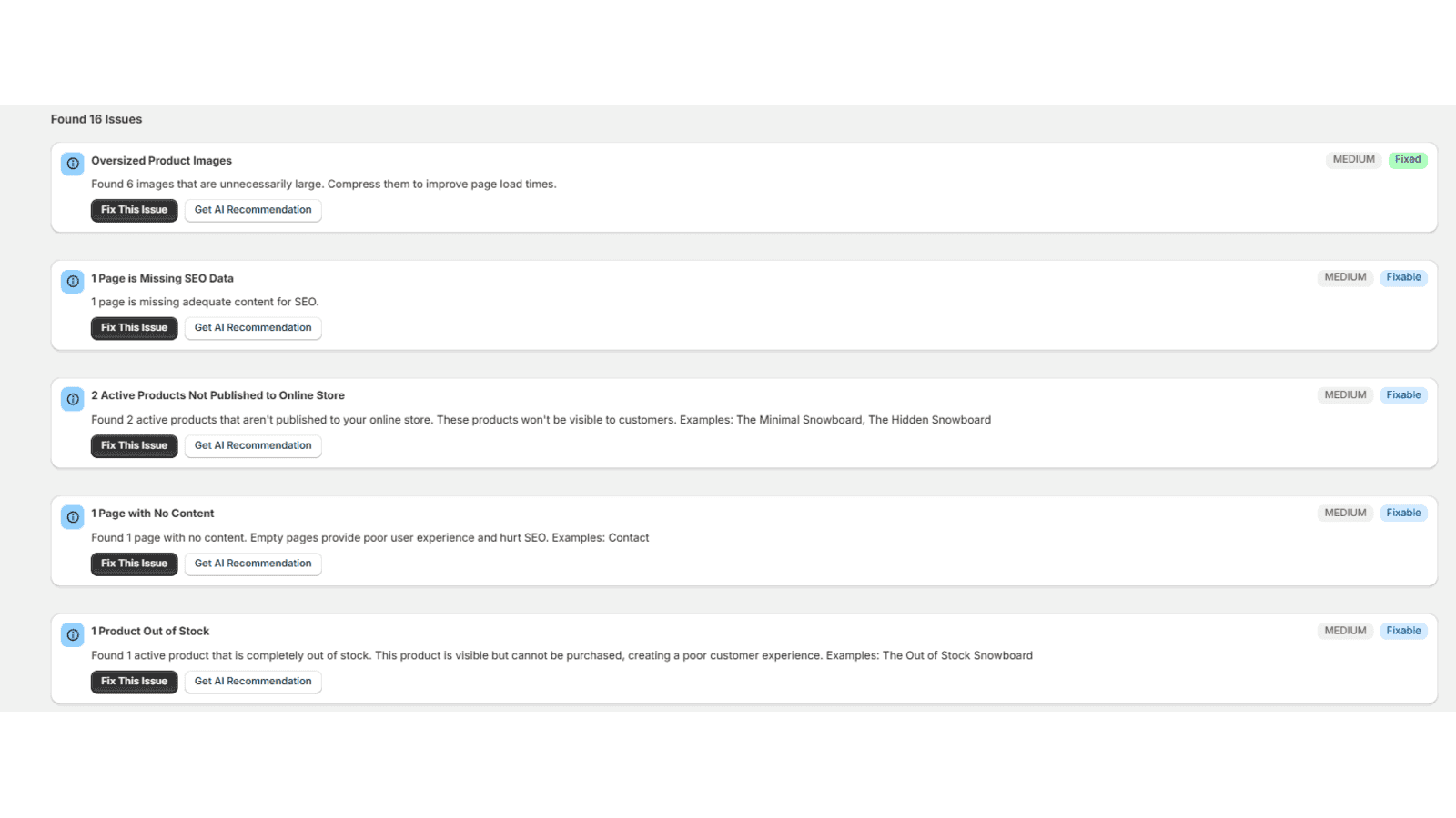 Issue detection list showing fixable problems with severity leve