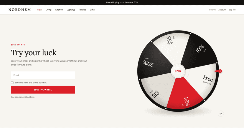 Prize wheel on a store's home page
