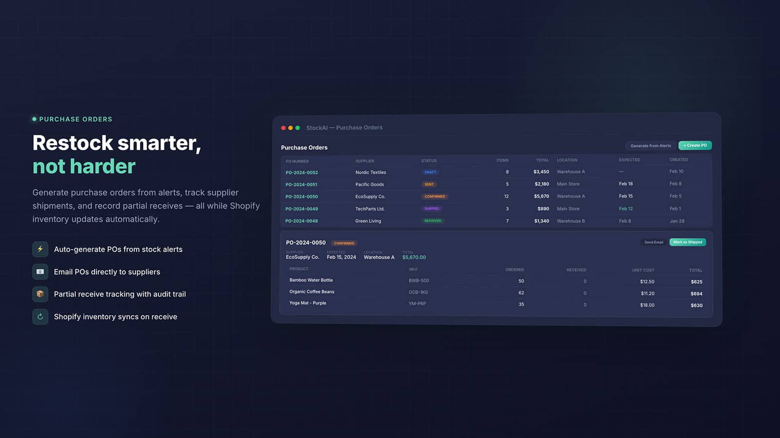 Purchase order list with status tracking and PO details