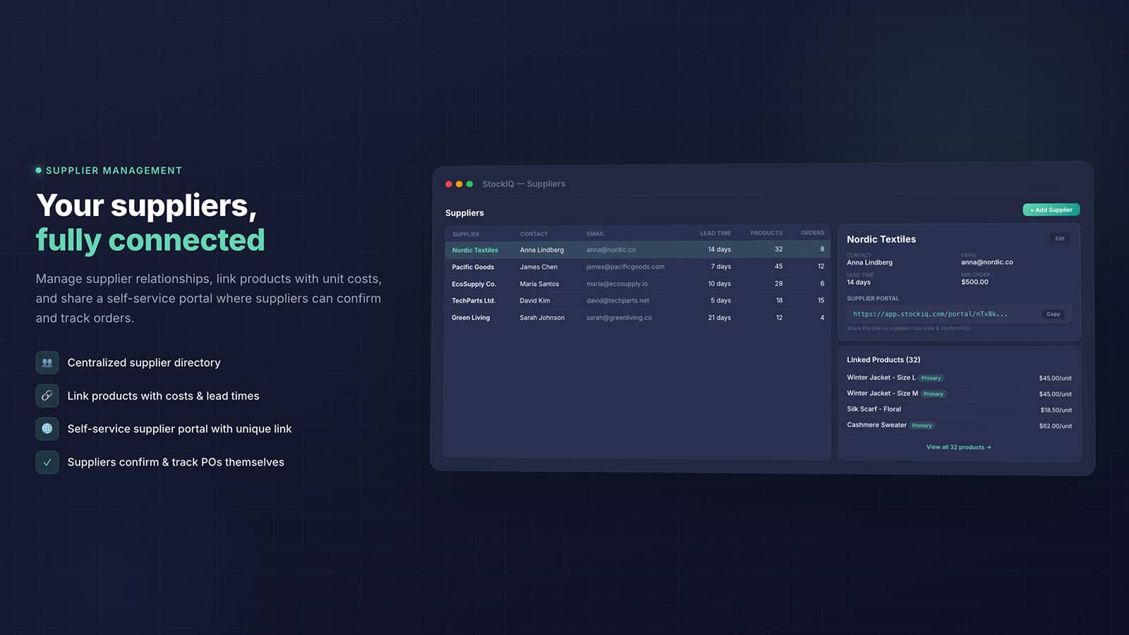 Supplier management with portal link and linked products