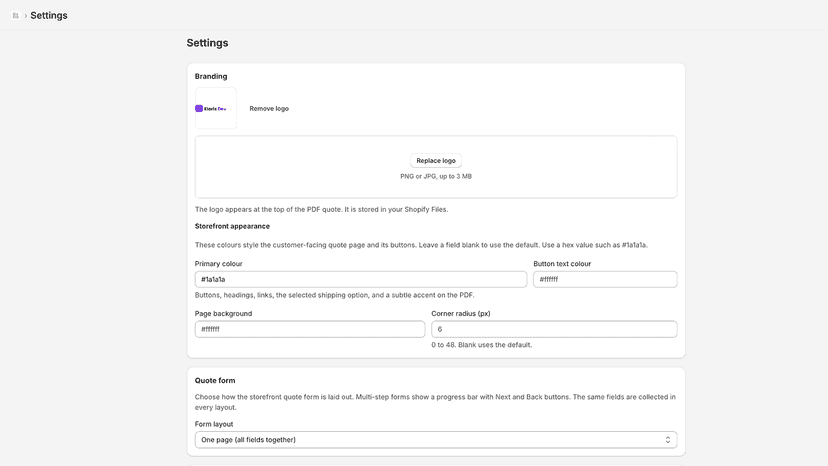 App settings for branding, PDF templates and company details