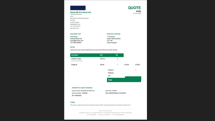 Branded PDF quote showing products, totals and payment details