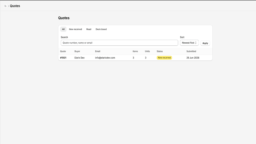 Merchant view of a submitted quote with customer details