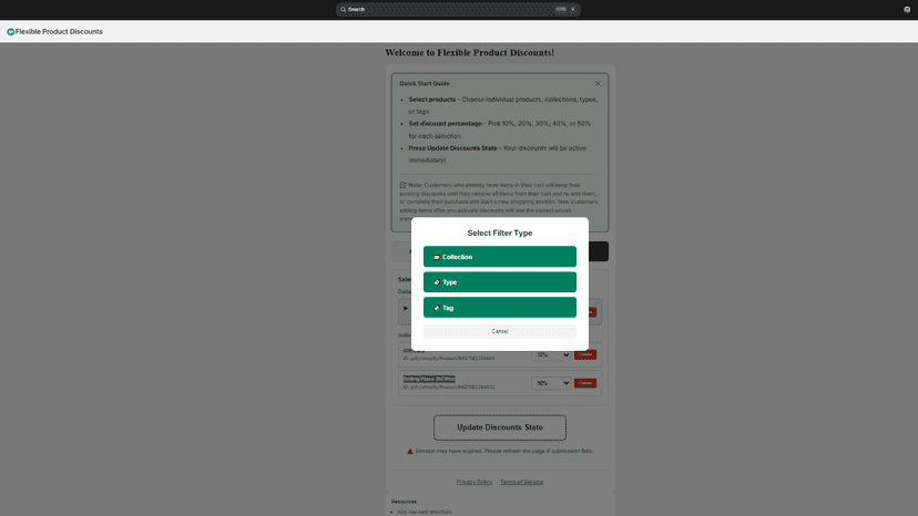 Select bulk products by filtering their collection, type or tag