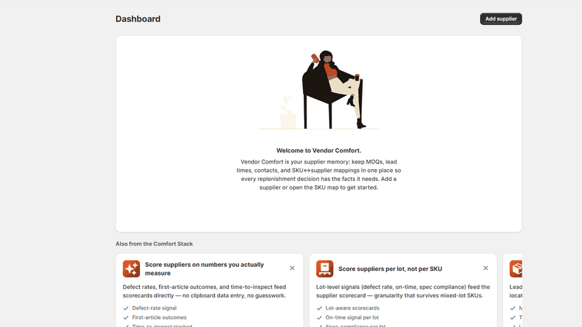 Vendor Comfort dashboard with supplier setup