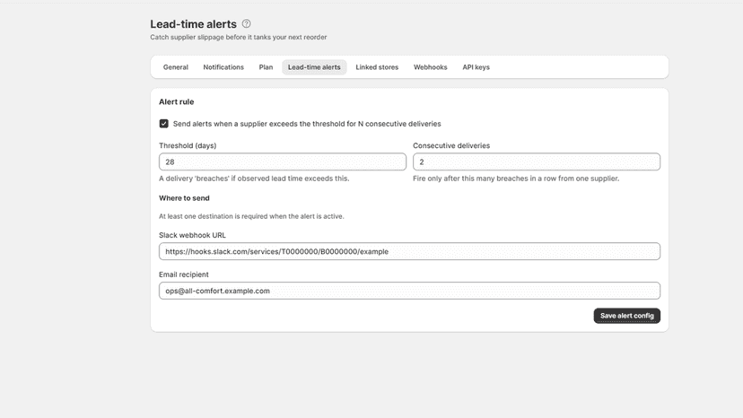 Vendor Comfort lead-time alert settings