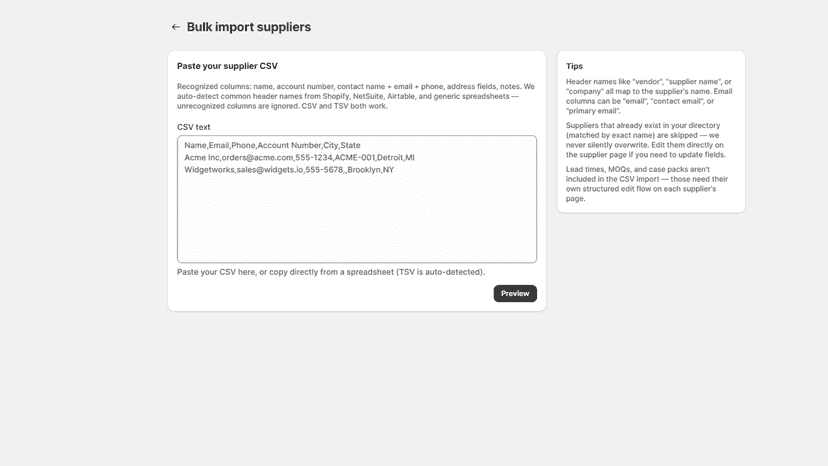 Vendor Comfort bulk supplier import