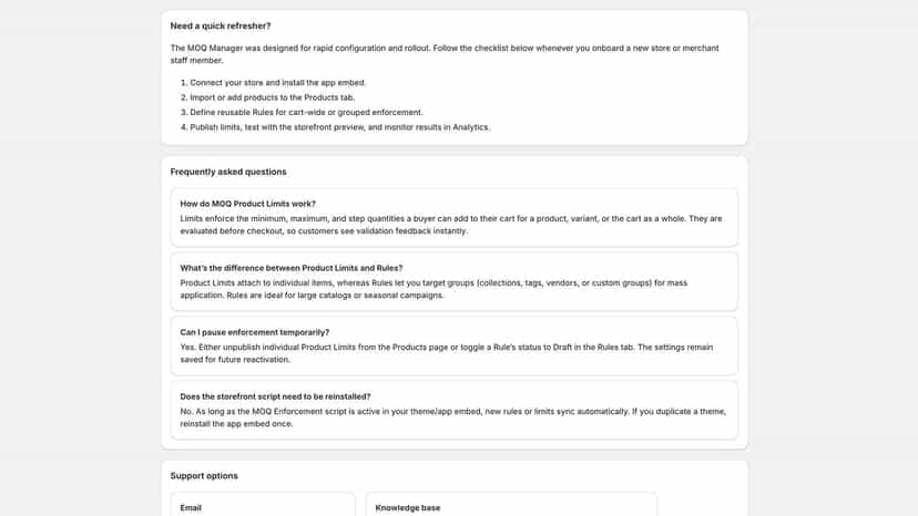 Help center with setup checklist and FAQs