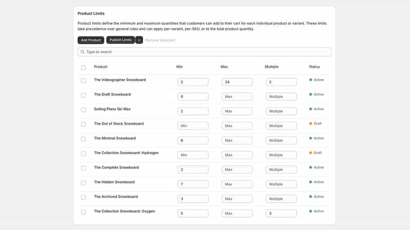 Product list with min, max, and quantity increments