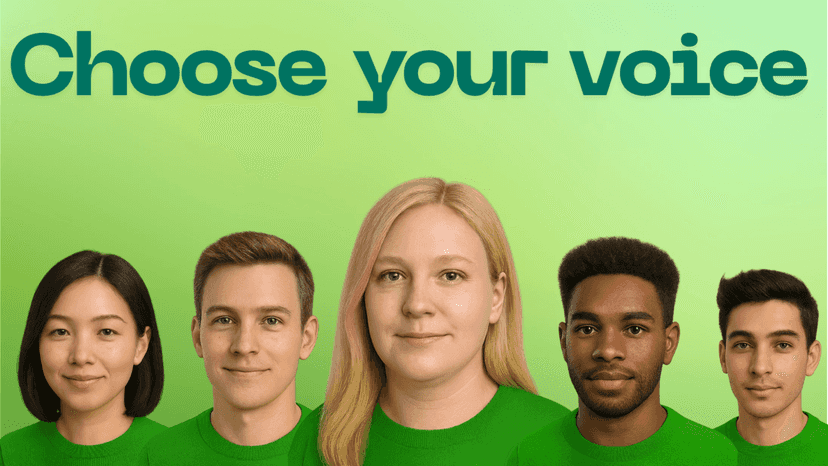 Row of diverse AI avatars under title choose your voice