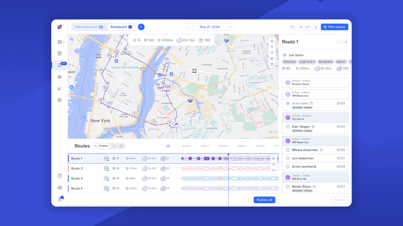 Routific dispatcher view showing optimized routes & stop details
