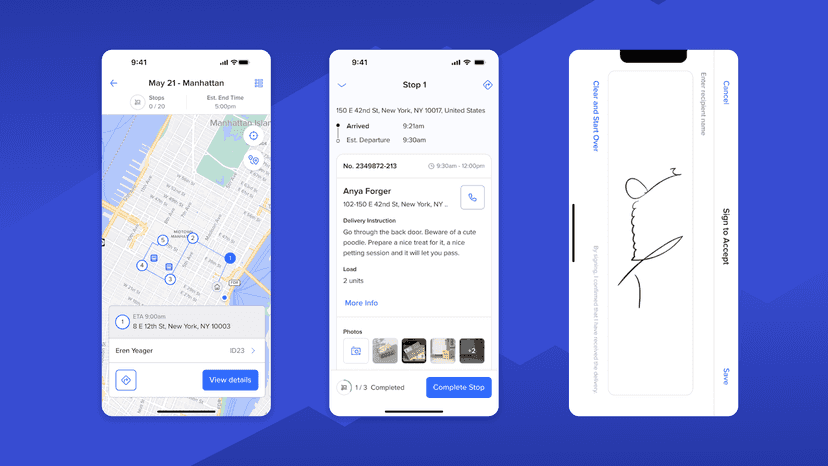 Routific driver app with route, stop details, photo PODs