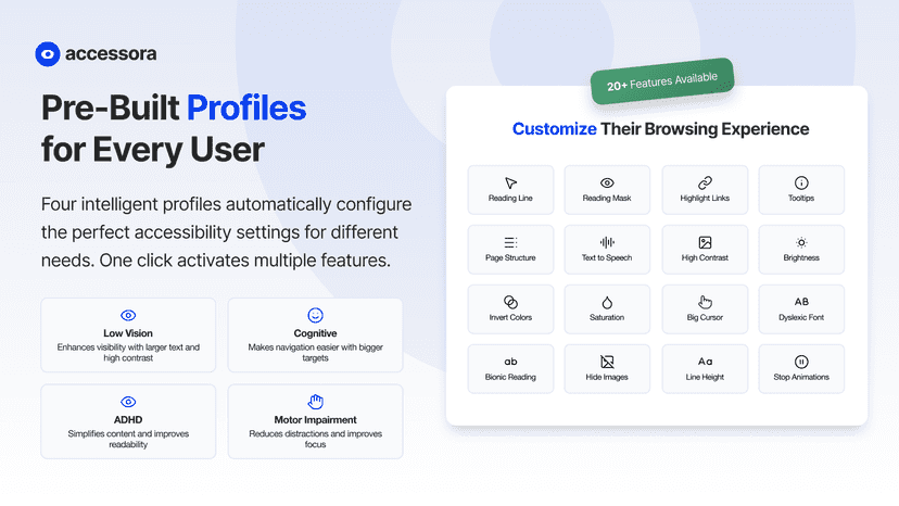 Pre-built accessibility profiles with 20+ customizable features