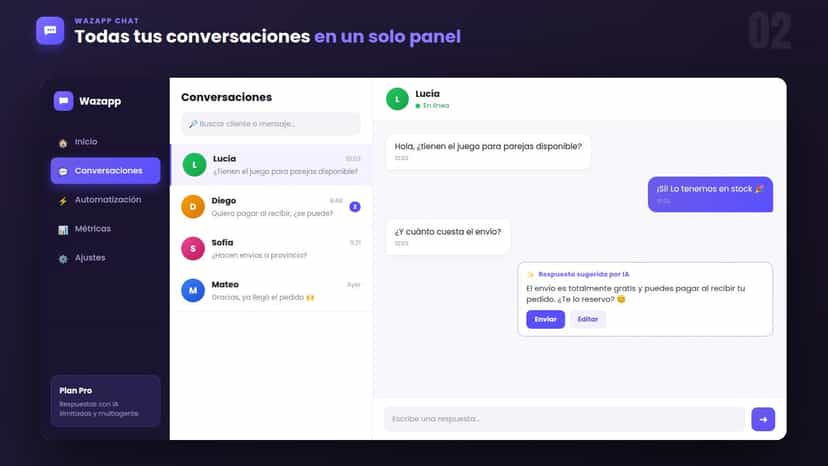 Panel de Wazapp con conversaciones y respuesta de IA