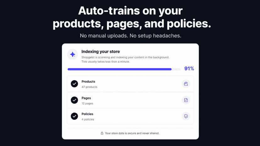 Store indexing progress showing products and pages