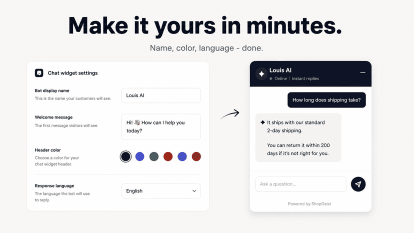 Chat widget settings panel with live preview